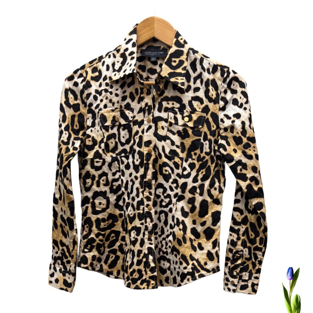JONES NEW YORK Shirt gold snap buttons Cotton Animal print Leopard Size SP